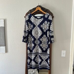 Studio One Blue and White Sheath Dress with Bell Sleeves